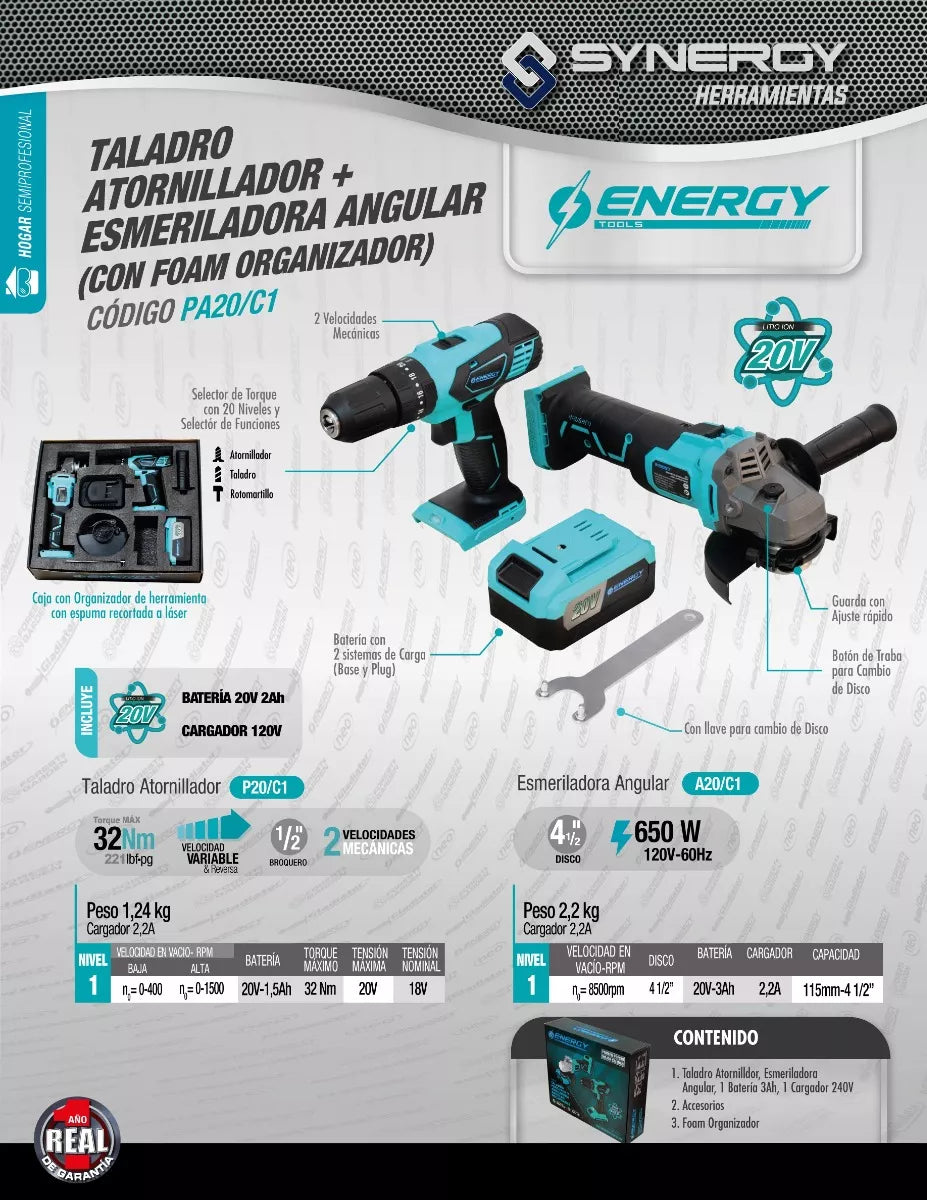 COMBO ENERGY TALADRO 13MM+  ESMERILADORA 4 1/2" RECARGABLE  20V PA20C1